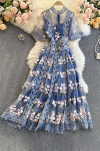 Sexy Women Gauze Embroidery Flower Lace Maxi Dress