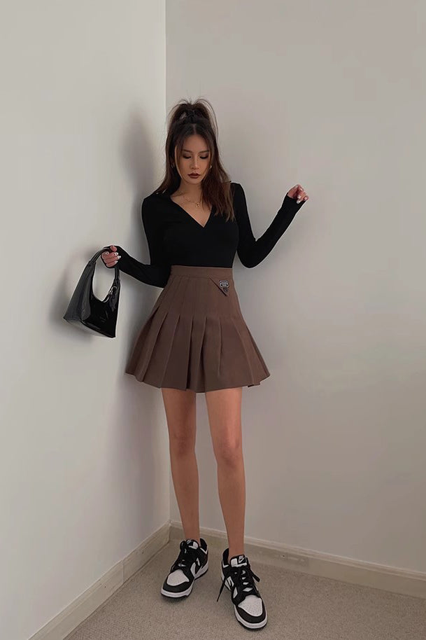 Solid A-Line Low Rise Pleated Flared Hem Skirt