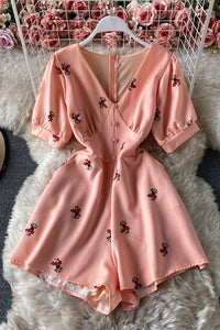 Sexy Women V-Neck Short Sleeve Zip Romper Jumpsuit