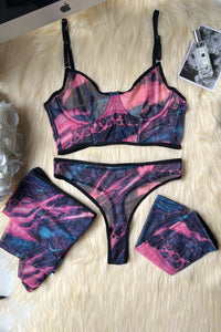 Women Sexy Tie Dye Gloves Stockings Underwear Lingerie Set Four-Piece Set