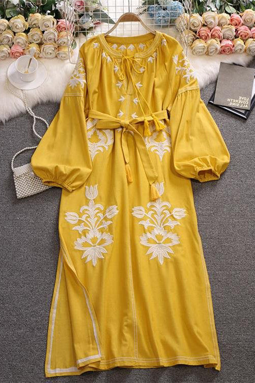 Ethnic Women Embroidery Tassel Long Sleeve Maxi Dress