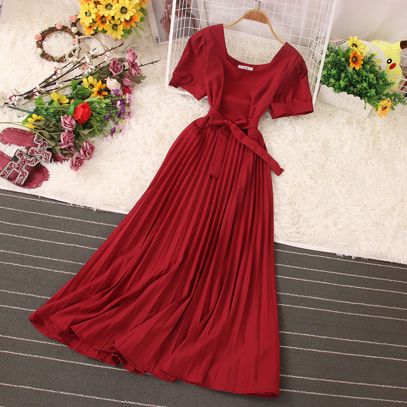 Fashion Women Short Sleeve Strappy Pleated Maxi Dress