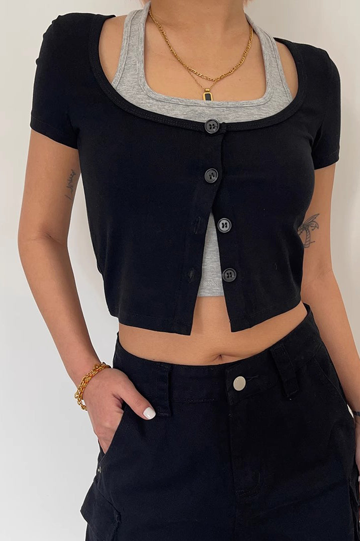 Women's Contrast Buttoned Front Fake Two Tops Shirt