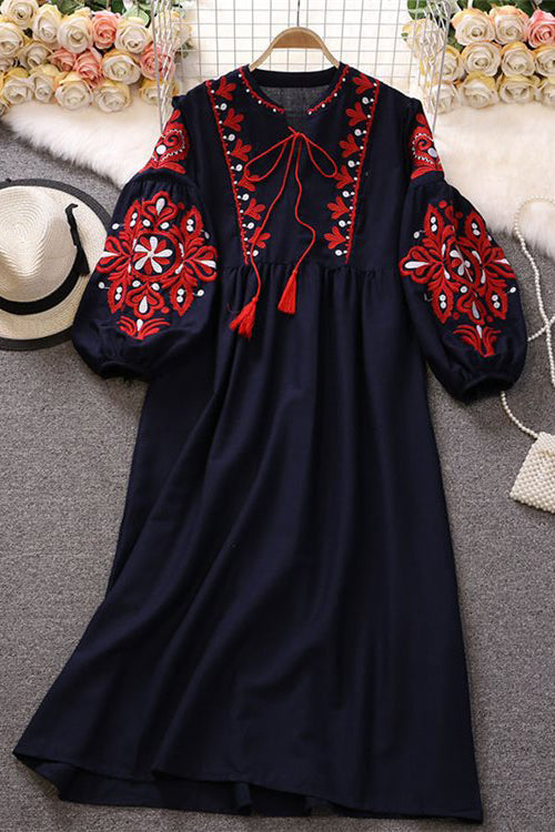 Boho Women Long Sleeve Embroidery Maxi Dress