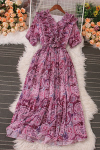 Fashion Women Lace V-Neck Floral Short Sleeve Maxi Dress