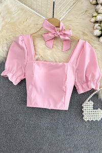 Sexy Women Bow Square Neck Short Sleeve Crop Top