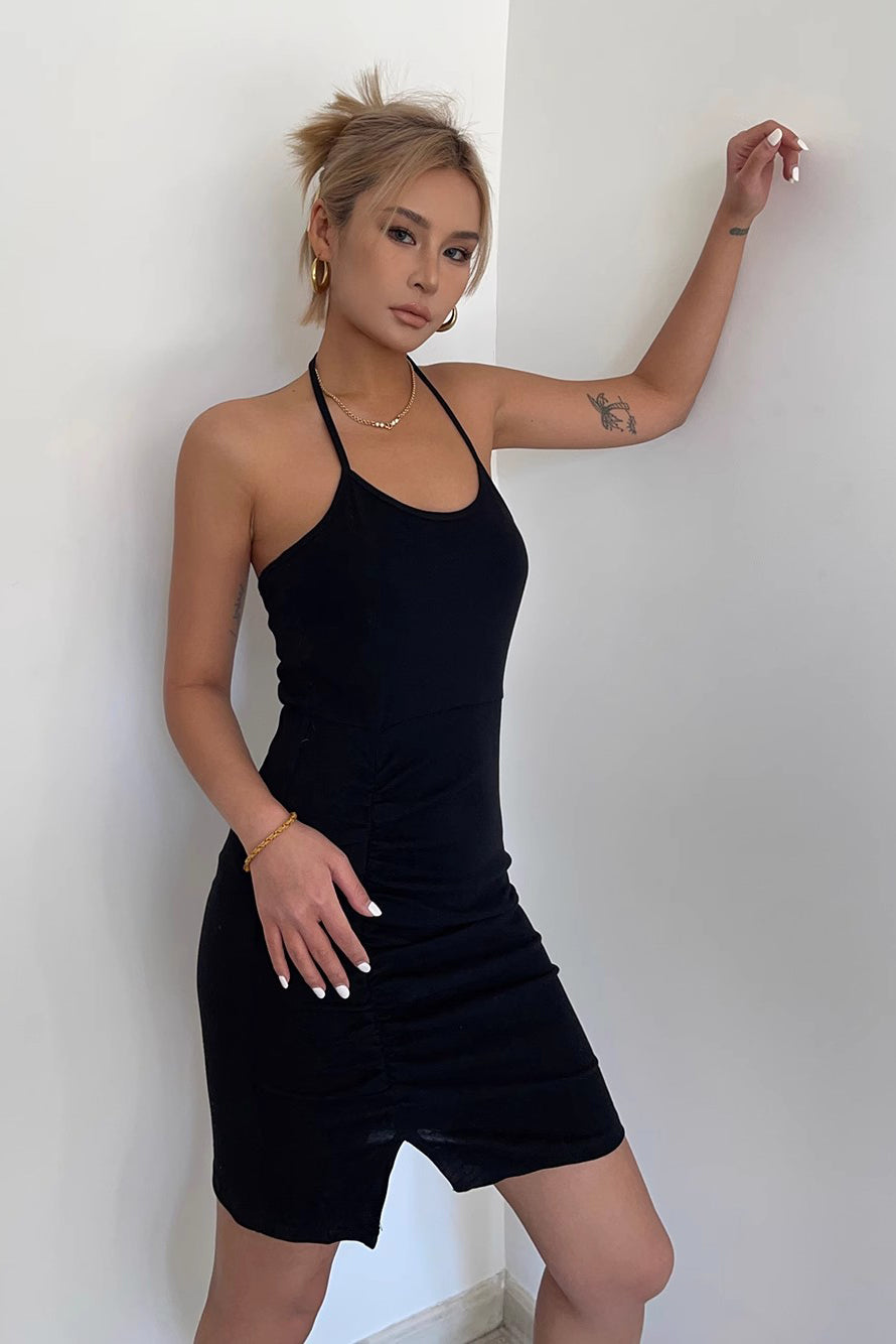 split hem bodycon dress O-Neck Split Hem Back Bodycon Dress, Apricot / XS