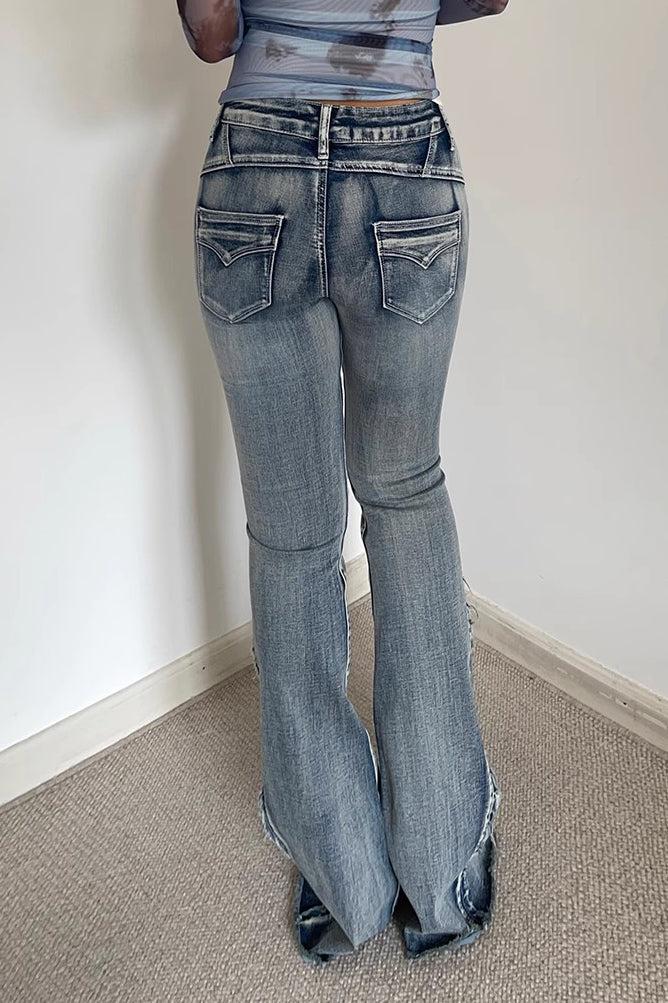 Women's Zip Detail Raw Trim Flare Leg Jeans