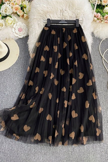 Fashion Women Heart Print Gauze A-Line Skirt