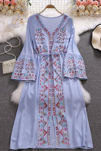 Boho Women Embroidery Long Sleeve V-Neck Strappy Maxi Dress