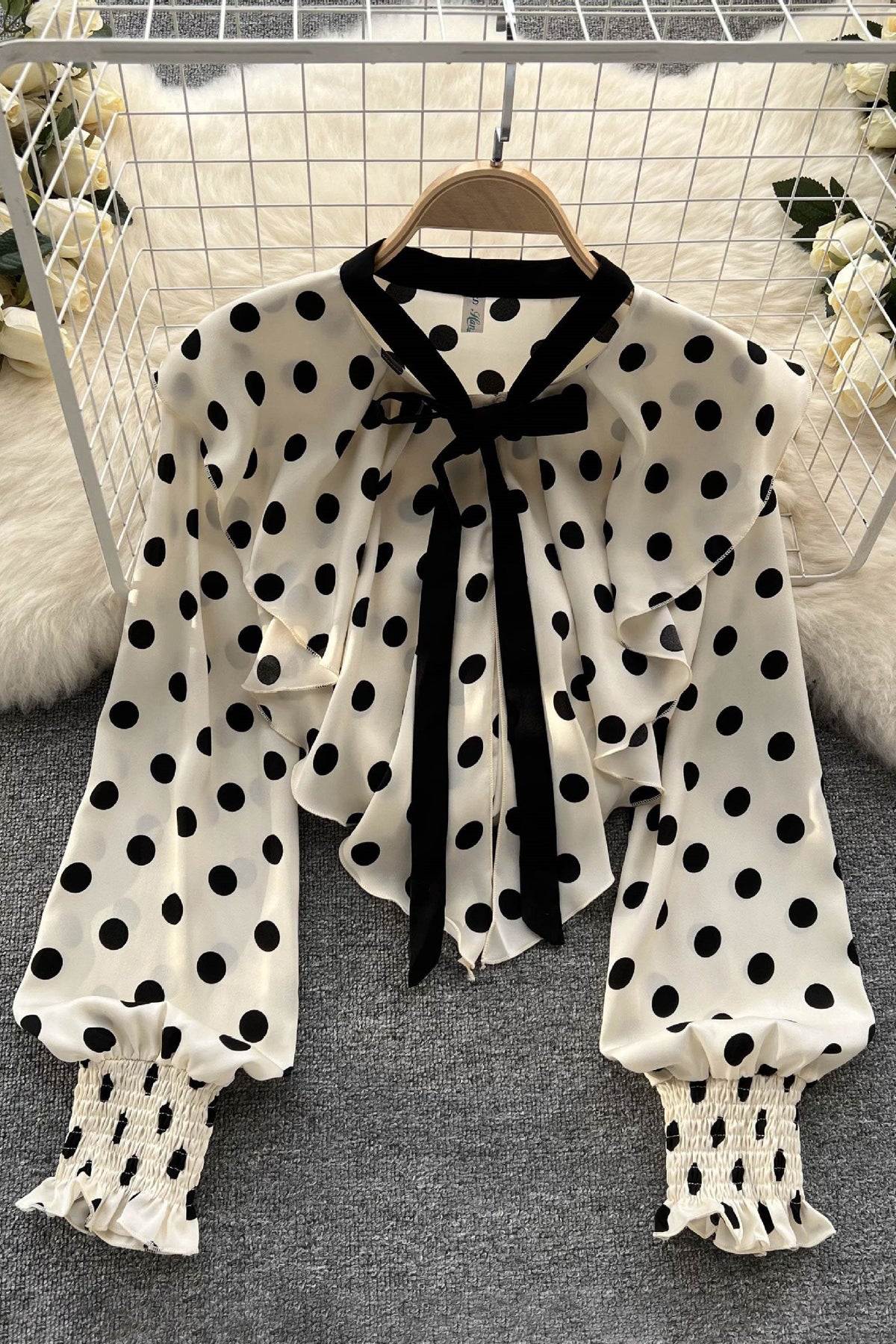 Fashion Women Lace Long Sleeve Polka Dots Print Tops