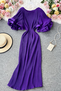 Sexy Women Lace Pleated Short Sleeve Maxi Dress