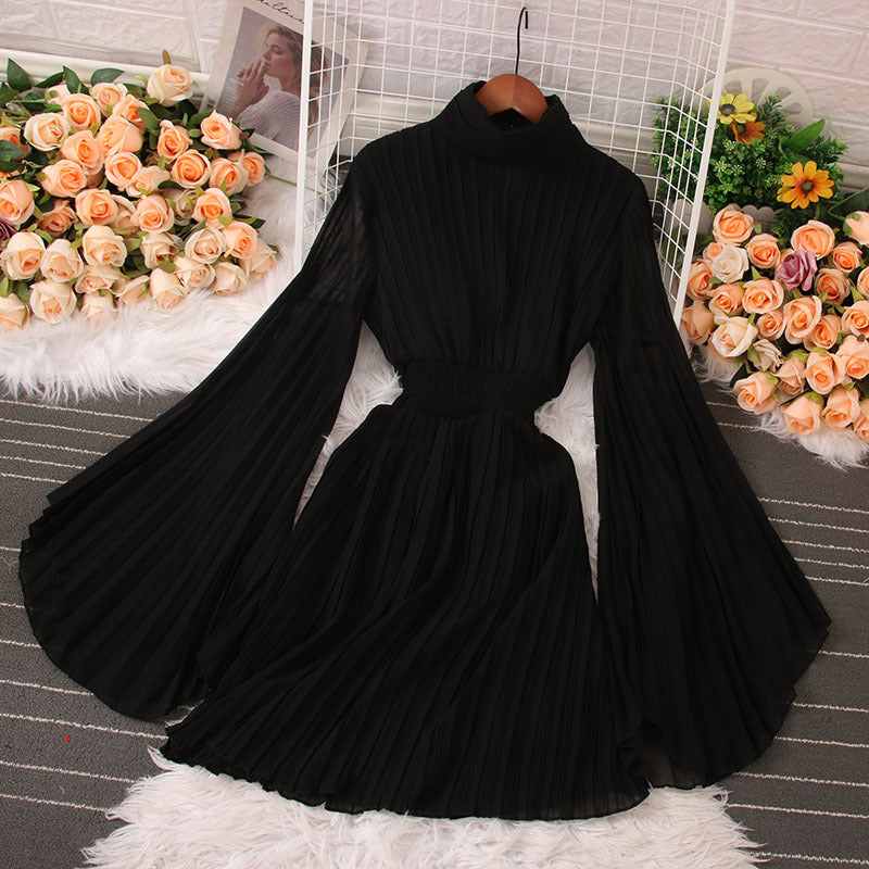 Fashion Women High Neck Long Sleeve Pleated Mini Dress