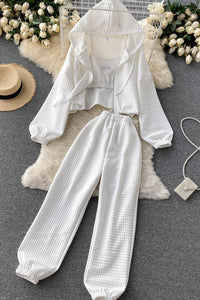 Casual Women Sport Hooded Zip Coat Strap Cami Crop Vest Tank Top Pants Trousers Sweatpants Set Three-Piece