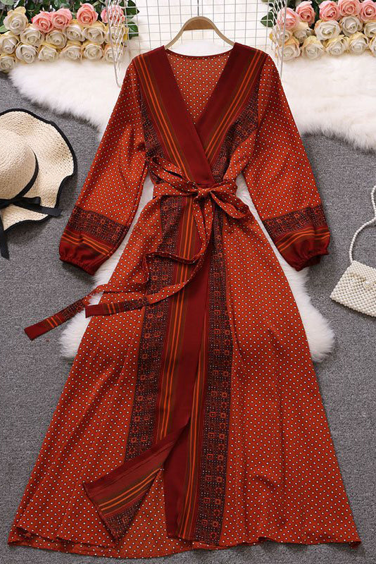 Retro Women V-Neck Long Sleeve Strappy Maxi Dress