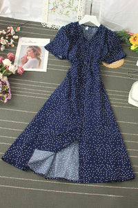 Fashion Women Polka Dots Short Sleeve Buttons Maxi Dress