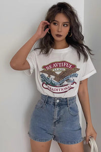 Women's Letters Print Cew Neck Tops T-Shirt
