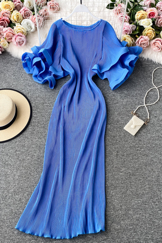 Sexy Women Lace Pleated Short Sleeve Maxi Dress