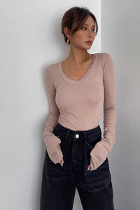 Women's Long Sleeve Wrap V Neck Ribbed Tank Tops Fitted Basic Shirt
