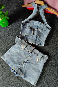 Retro Women Denim Hollow Halter Vest Tank Top Skirt Set Two-Piece