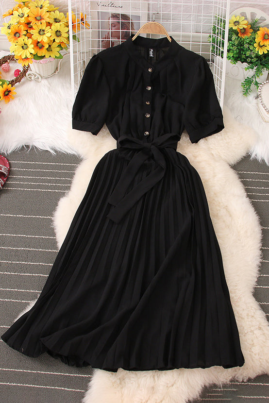 Fashion Women Lapel Buttons Short Sleeve Pleated Maxi Dress