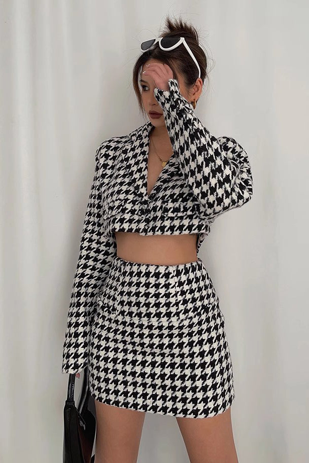 Women's Allover Print Crop Blazer & Skirt Two Piece Set