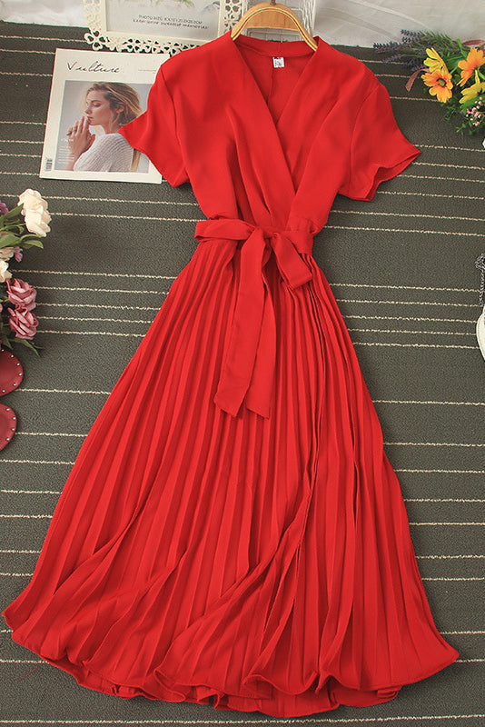 Fashion Women V-Neck Short Sleeve Strappy Pleated Maxi Dress