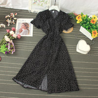 Fashion Women Polka Dots Short Sleeve Buttons Maxi Dress