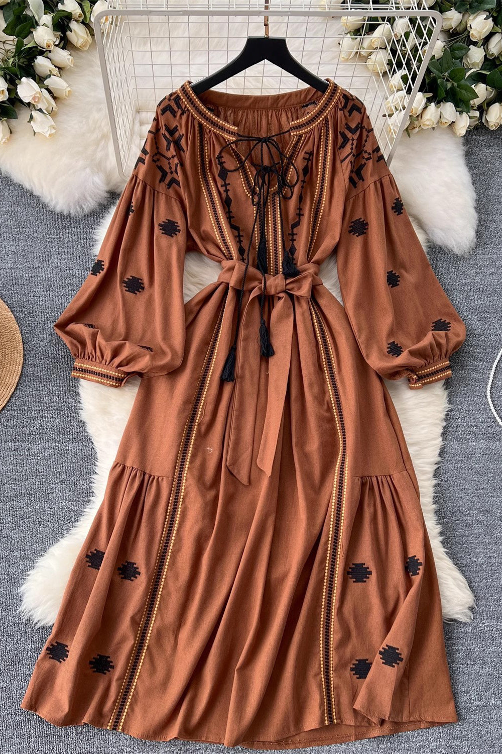 Retro Women Embroidery Strappy Long Sleeve Maxi Dress