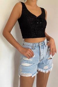 Women's Sleeveless Embroidery Lace Up Front Crop Tank Top