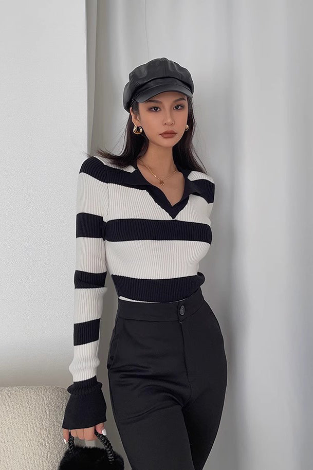 Women's Striped Printed Ribbed Long Sleeve Sweater Sweatshirt