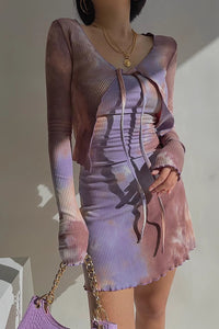 Women's Allover Print Crop Shirt and Sleeveless Bodycon Dress Two Piece Set