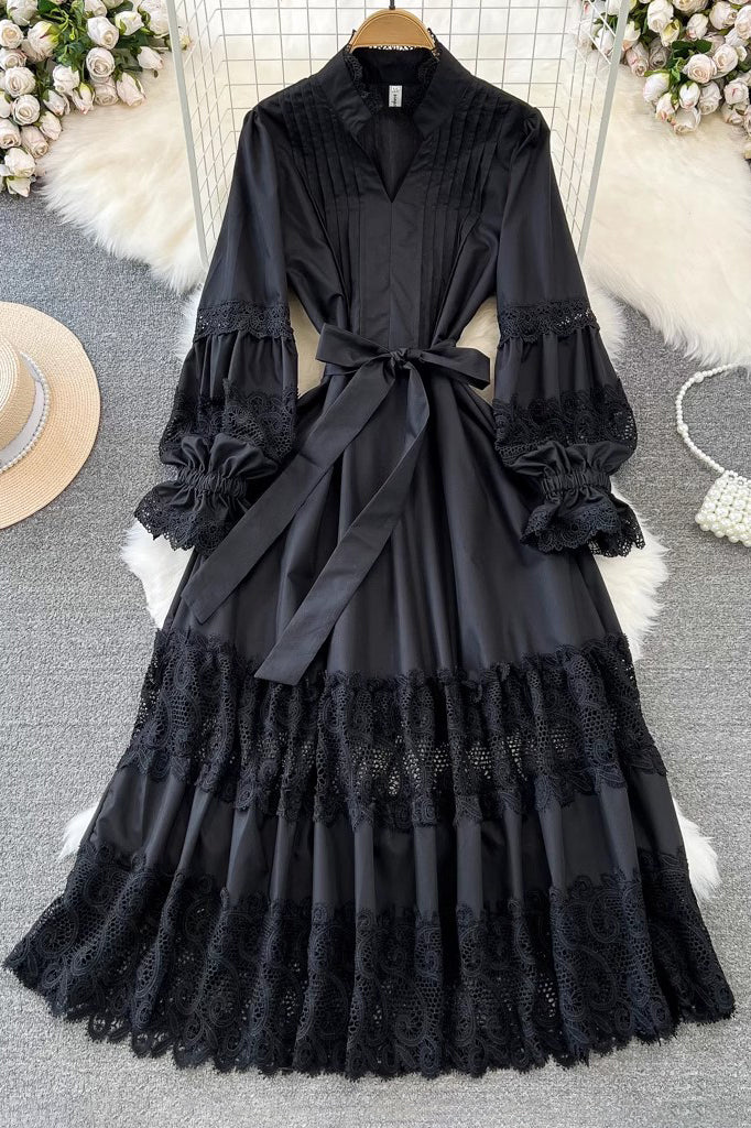 Sexy Women V-Neck Lace Hollow Long Sleeve Strappy Maxi Dress