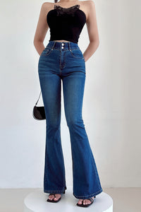 Retro Women High Waist Tight Buttons Flared Jeans