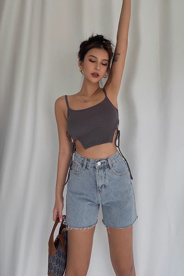 Women's Raw Hem High Waist Denim Shorts with Pocket