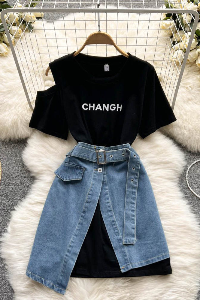 Sexy Women Off Shoulder Letter Short Sleeve Top Irregular Denim Skirt Set Two-Piece