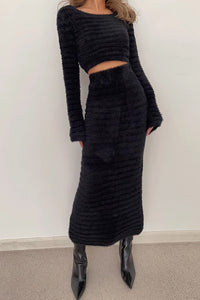 Women's Long Sleeve Crop Sweater & High Waist Skirt Two Piece Set