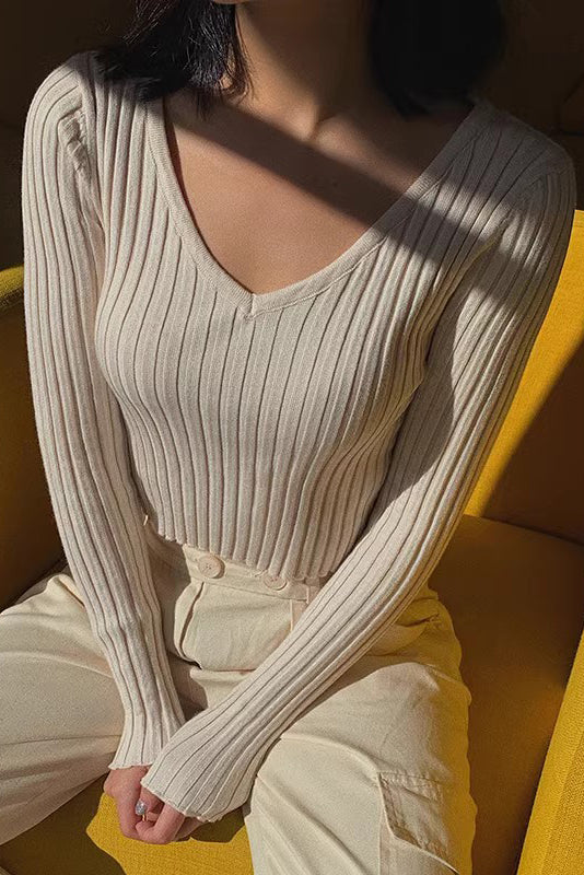 Women's Fashion Rib-knit Wrap V Neck Sweater