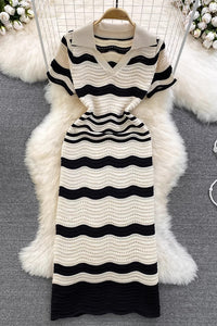 Fashion Women Wave Stripe V-Neck Short Sleeve Maxi Dress