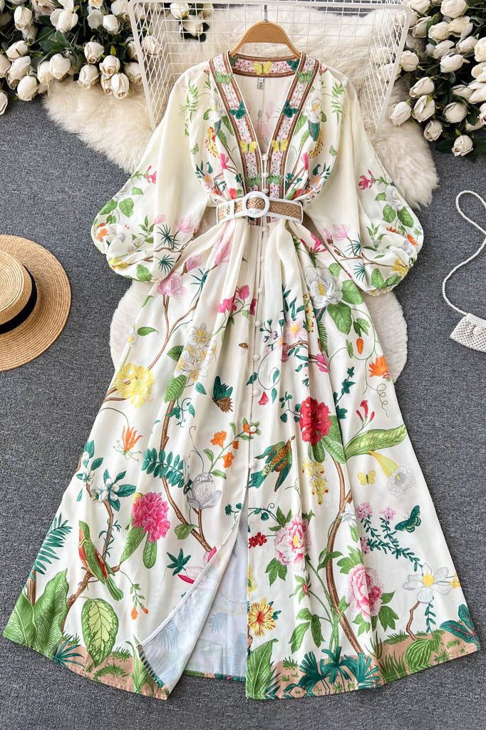 Fashion Women Floral V-Neck Long Sleeve Maxi Dress