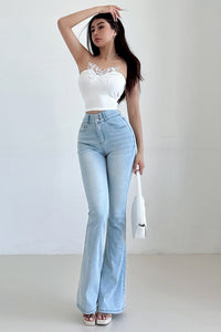 Retro Women High Waist Tight Buttons Flared Jeans