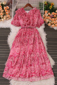 Fashion Women Lace V-Neck Floral Short Sleeve Maxi Dress