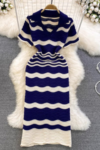 Fashion Women Wave Stripe V-Neck Short Sleeve Maxi Dress