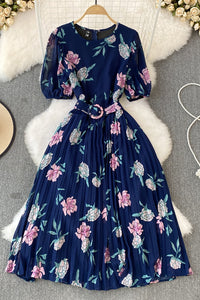 Fashion Women Flower Print Short Sleeve Pleated Dress