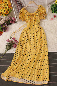 Fashion Women Short Sleeve Ruffle Polka Dots Maxi Dress