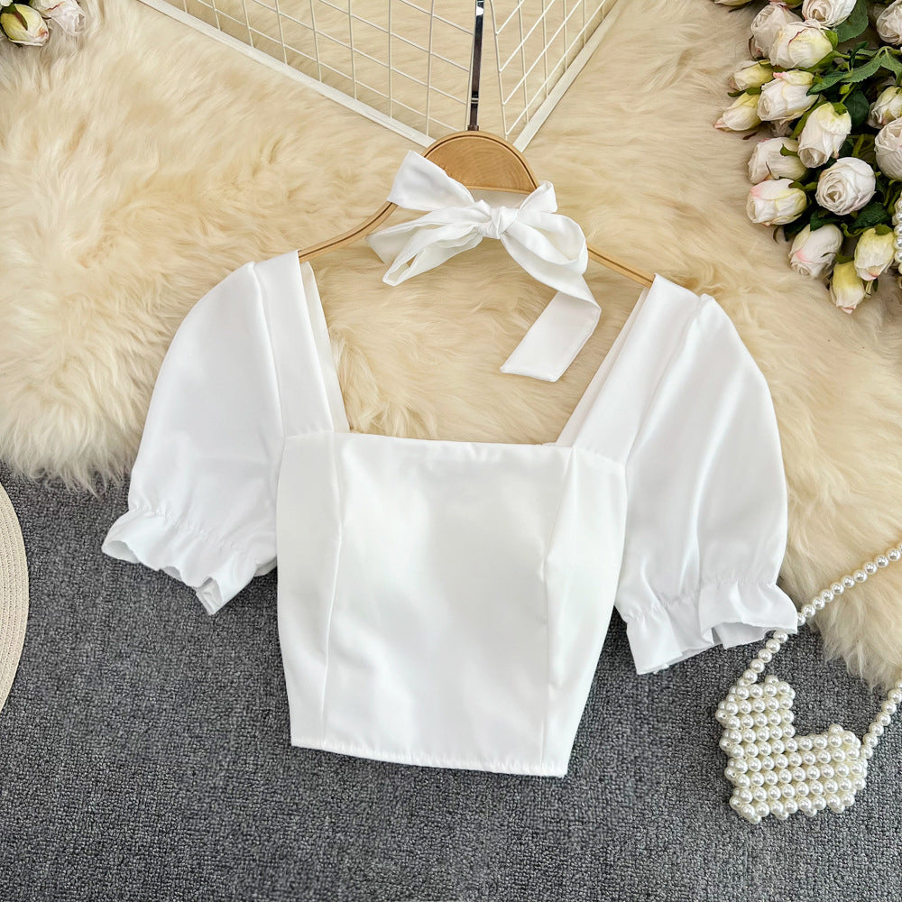 Sexy Women Bow Square Neck Short Sleeve Crop Top