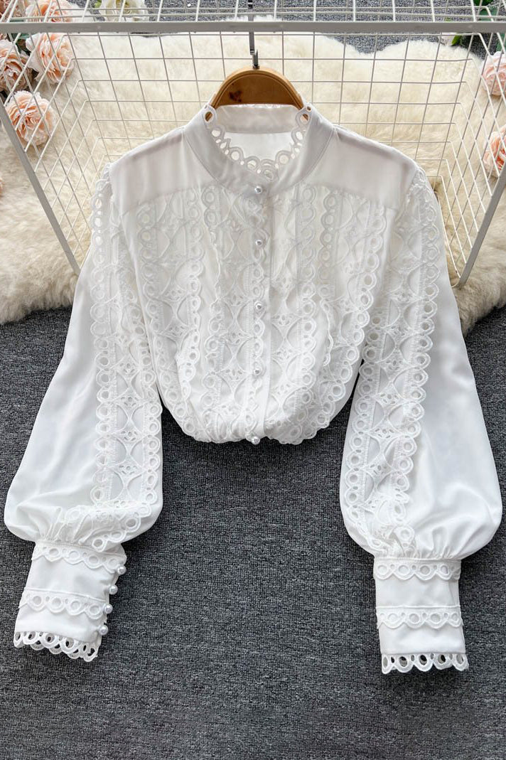 Fashion Women Lace Hollow Long Sleeve Tops