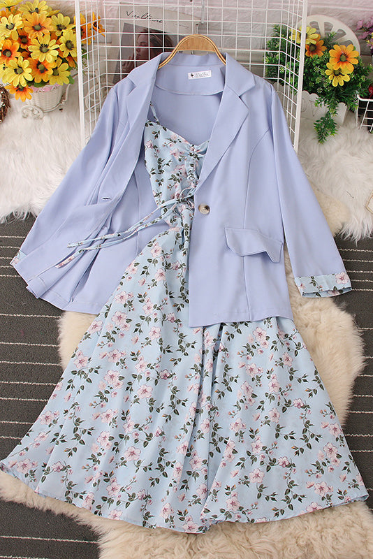 Fashion Women Floral Strap Maxi Dress Coat Set Two-Piece