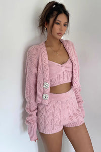 Women's Cable Knit Buckle Detail Jacket & Crisscross Vest & Elastic Waist Shorts 3 Piece Sets