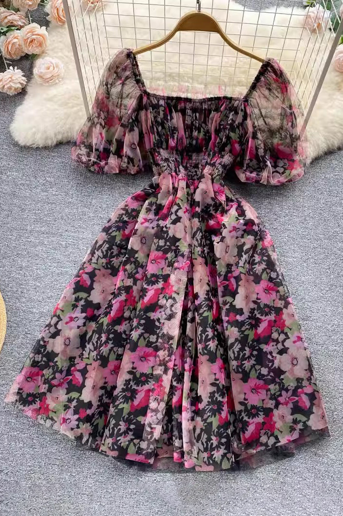 Fashion Women Chiffon Floral High Waist Short Sleeve Maxi Dress